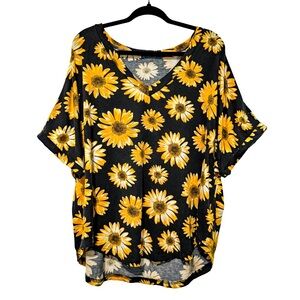 Shein Curve Plus Daisy Floral V-Neck Top 3XL Black Yellow Fall Blouse NWOT